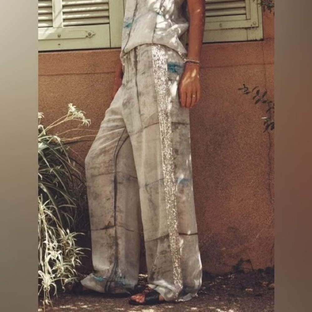 Zara Printed Sequin Semi Sheer Mid Rise Pants